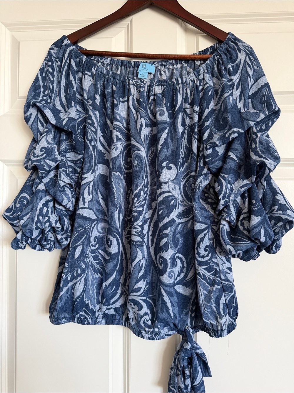 Blue Off-Shoulder Ruffle Sleeve Blouse